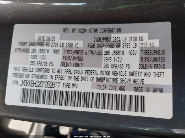 Продаж на аукціоні авто 2025 Mazda Cx-90 3.3 Turbo Preferred Package, vin: JM3KKBHD2S1252617, номер лоту: 45351615