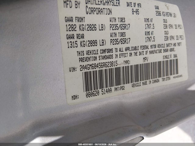 45351651 :رقم المزاد ، 2A4GM68456R623815 vin ، 2006 Chrysler Pacifica Touring مزاد بيع