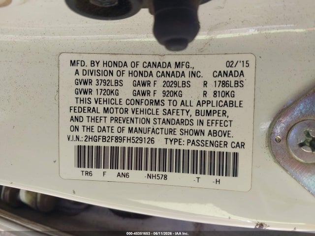 Honda CIVIC EX 2015 2HGFB2F89FH529126 Image 9