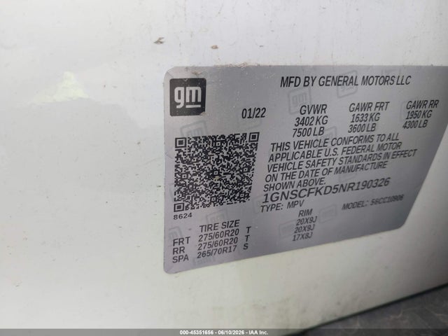 45351656 :رقم المزاد ، 1GNSCFKD5NR190326 vin ، 2022 Chevrolet Suburban 2wd Premier مزاد بيع