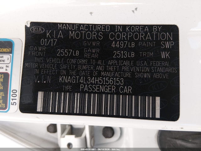 Aukcja sprzedaży 2017 Kia Optima Lx, vin: KNAGT4L34H5156153, numer aukcji: 45351661