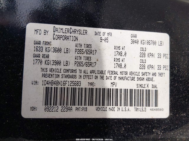 2006 Dodge Durango Slt მანქანა იყიდება აუქციონზე, vin: 1D4HB48N16F125683, აუქციონის ნომერი: 45351663
