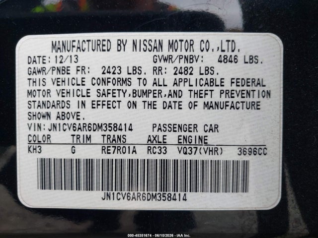2013 Infiniti G37x მანქანა იყიდება აუქციონზე, vin: JN1CV6AR6DM358414, აუქციონის ნომერი: 45351674
