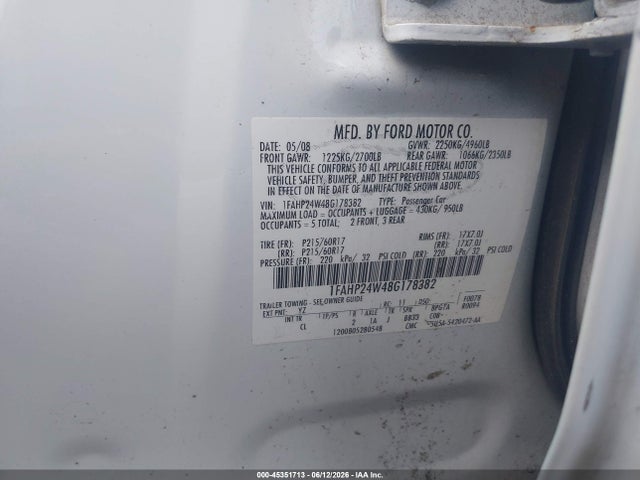 Aukcja sprzedaży 2008 Ford Taurus Sel, vin: 1FAHP24W48G178382, numer aukcji: 45351713