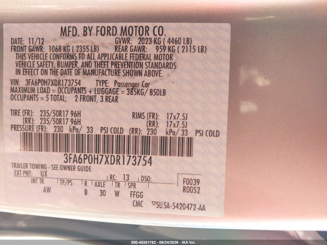 2013 Ford Fusion Se მანქანა იყიდება აუქციონზე, vin: 3FA6P0H7XDR173754, აუქციონის ნომერი: 45351762