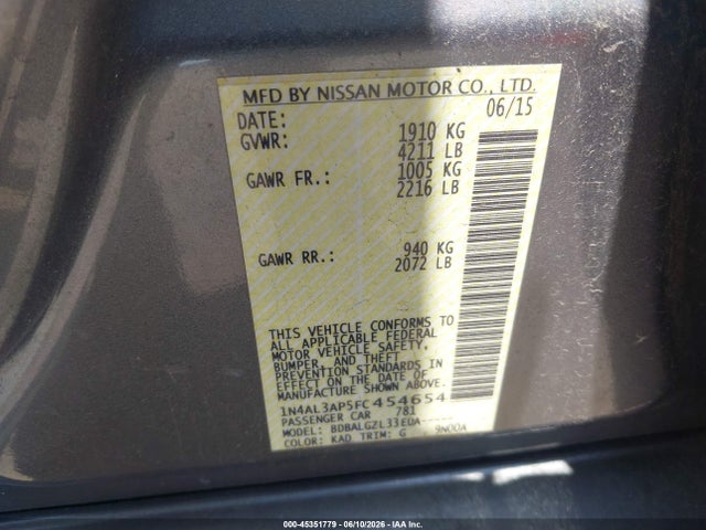 45351779 :رقم المزاد ، 1N4AL3AP5FC454654 vin ، 2015 Nissan Altima 2.5/2.5 S/2.5 Sl/2.5 Sv مزاد بيع
