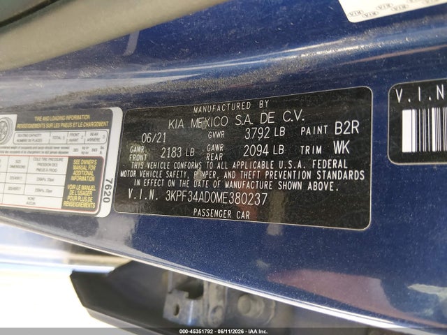 45351792 :رقم المزاد ، 3KPF34AD0ME380237 vin ، 2021 Kia Forte Gt-line مزاد بيع