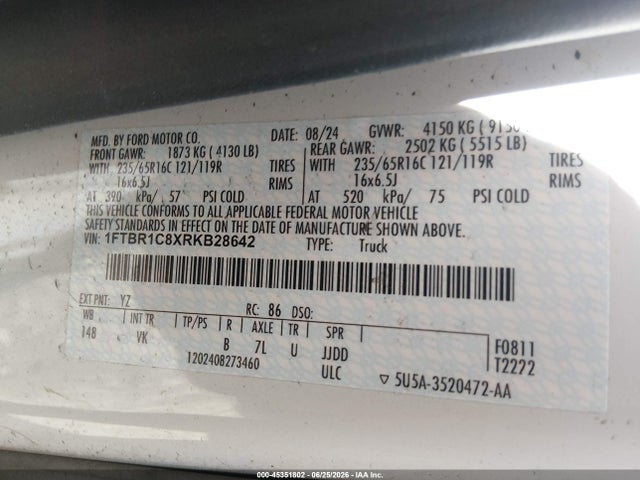 Aukcja sprzedaży 2024 Ford Transit-250, vin: 1FTBR1C8XRKB28642, numer aukcji: 45351802