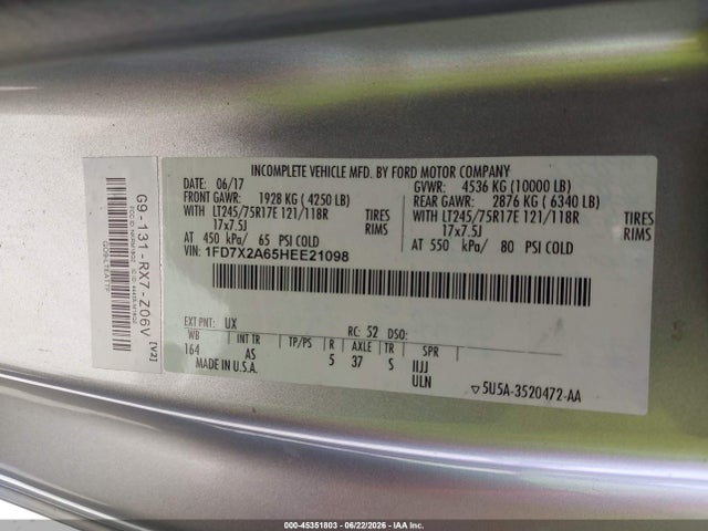2017 Ford F-250 Xl მანქანა იყიდება აუქციონზე, vin: 1FD7X2A65HEE21098, აუქციონის ნომერი: 45351803
