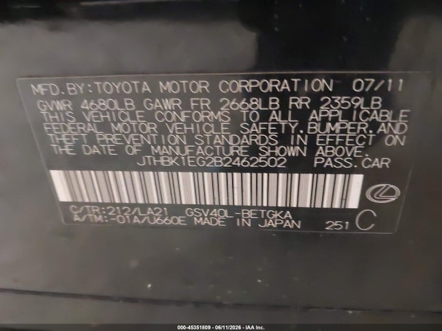 Продажа на аукционе авто 2011 Lexus Es 350, vin: JTHBK1EG2B2462502, номер лота: 45351809