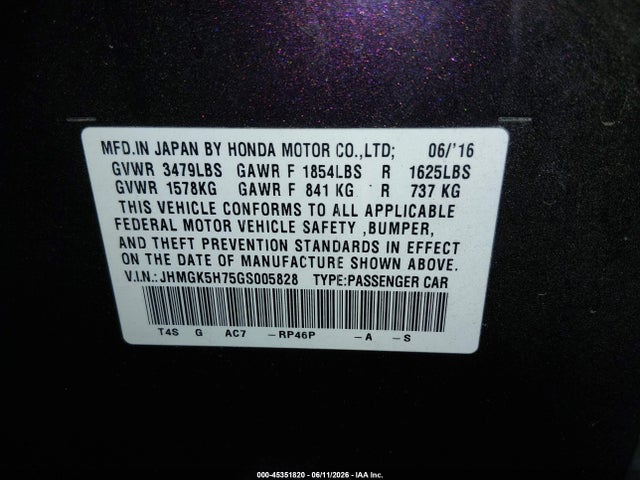 Honda FIT EX 2016 JHMGK5H75GS005828 Image 9