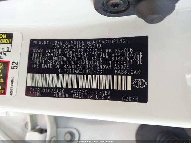 Toyota CAMRY SE 2020 4T1G11AK3LU864731 Image 9