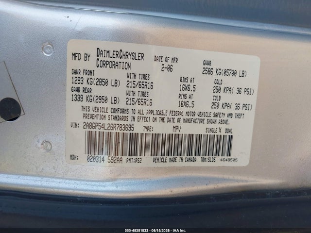 45351833 :رقم المزاد ، 2A8GP54L26R783695 vin ، 2006 Chrysler Town & Country Touring مزاد بيع