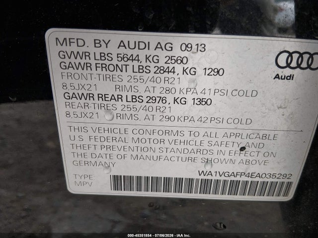 45351854 :رقم المزاد ، WA1VGAFP4EA035292 vin ، 2014 Audi Sq5 3.0t Premium Plus مزاد بيع