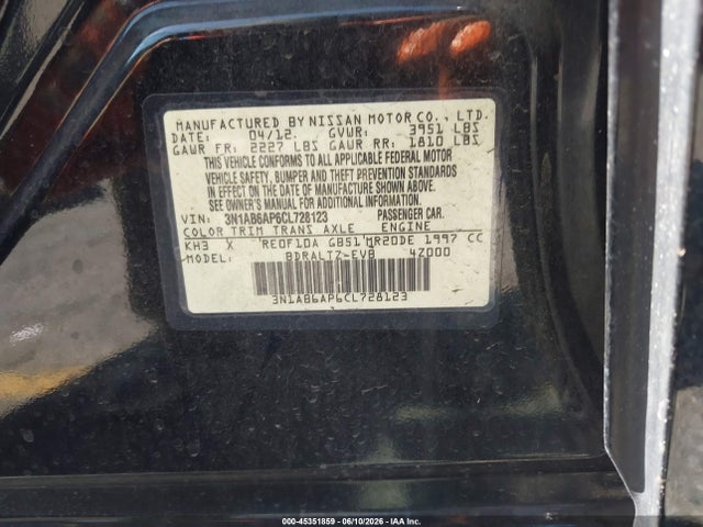 Aukcja sprzedaży 2012 Nissan Sentra 2.0 S, vin: 3N1AB6AP6CL728123, numer aukcji: 45351859