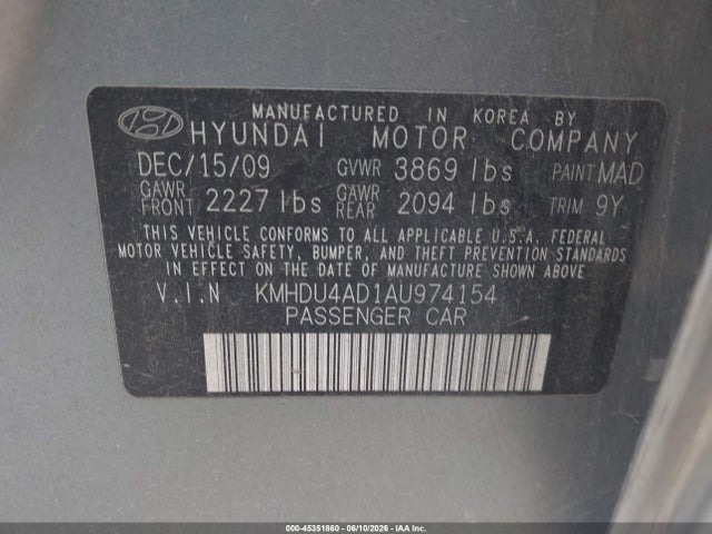Aukcja sprzedaży 2010 Hyundai Elantra Gls, vin: KMHDU4AD1AU974154, numer aukcji: 45351860