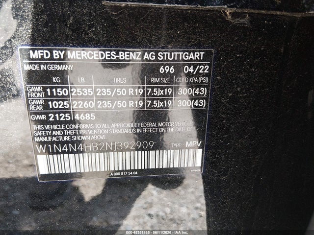 45351865 :رقم المزاد ، W1N4N4HB2NJ392909 vin ، 2022 Mercedes-benz Gla 250 4matic مزاد بيع