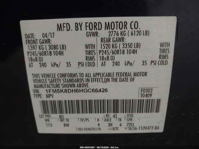 45351867 :رقم المزاد ، 1FM5K8DH6HGC66426 vin ، 2017 Ford Explorer Xlt مزاد بيع