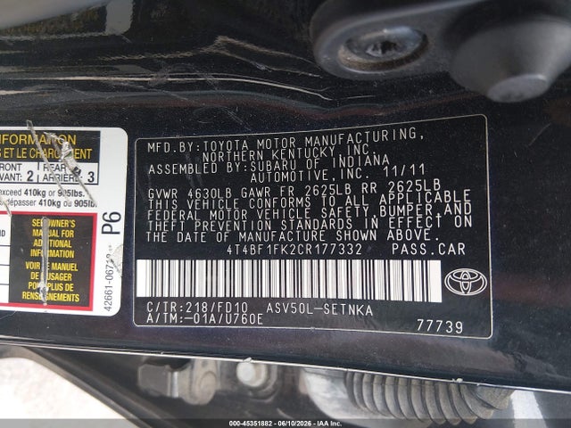 Aukcja sprzedaży 2012 Toyota Camry Le, vin: 4T4BF1FK2CR177332, numer aukcji: 45351882
