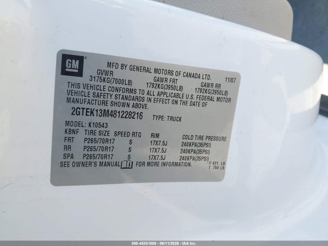 Aukcja sprzedaży 2008 Gmc Sierra 1500 Slt, vin: 2GTEK13M481228216, numer aukcji: 45351888