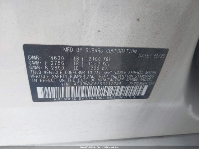 45351899 :رقم المزاد ، 4S3BWAF62S3017294 vin ، 2025 Subaru Legacy Premium مزاد بيع