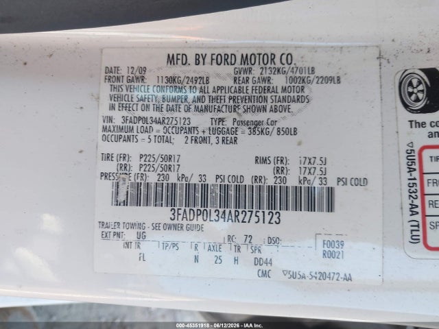 Aukcja sprzedaży 2010 Ford Fusion Hybrid, vin: 3FADP0L34AR275123, numer aukcji: 45351918
