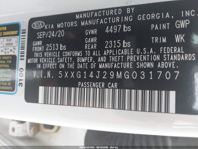 Aukcja sprzedaży 2021 Kia K5 Lxs, vin: 5XXG14J29MG031707, numer aukcji: 45351922