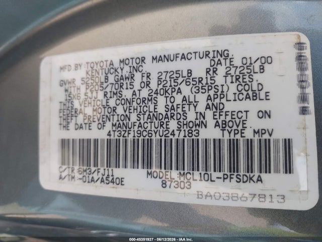 Aukcja sprzedaży 2000 Toyota Sienna Ce, vin: 4T3ZF19C6YU247183, numer aukcji: 45351927