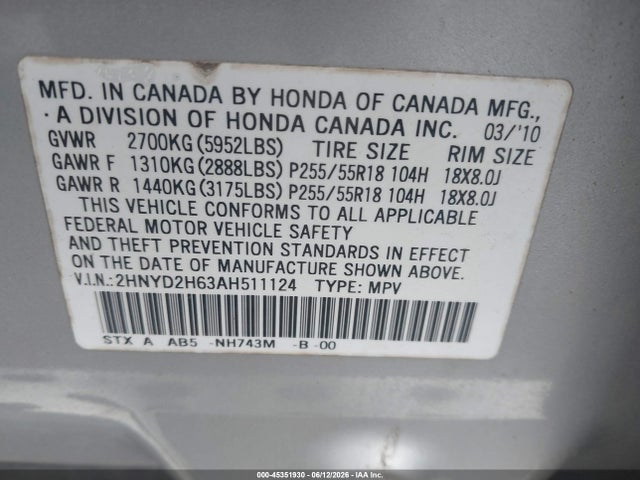 45351930 :رقم المزاد ، 2HNYD2H63AH511124 vin ، 2010 Acura Mdx Technology Package مزاد بيع