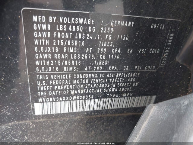 2013 Volkswagen Tiguan S მანქანა იყიდება აუქციონზე, vin: WVGBV3AXXDW626354, აუქციონის ნომერი: 45351933