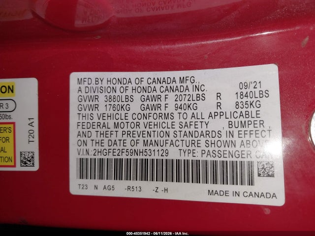 2HGFE2F59NH531129 Honda Civic Sport