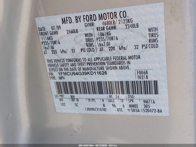 Продаж на аукціоні авто 2009 Ford Escape Limited, vin: 1FMCU94G39KD11626, номер лоту: 45351944