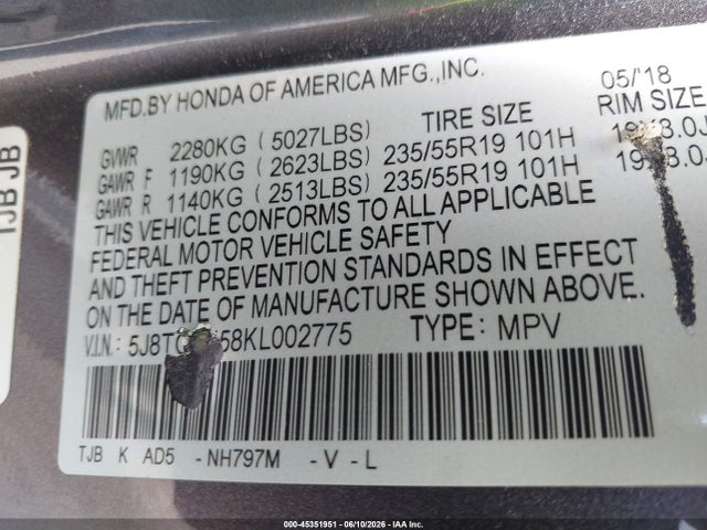 Продажа на аукционе авто 2019 Acura Rdx Technology Package, vin: 5J8TC2H58KL002775, номер лота: 45351951