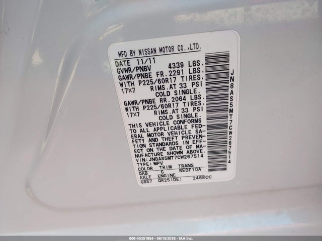 Auction sale of the 2012 Nissan Rogue Sv, vin: JN8AS5MT7CW267514, lot number: 45351954