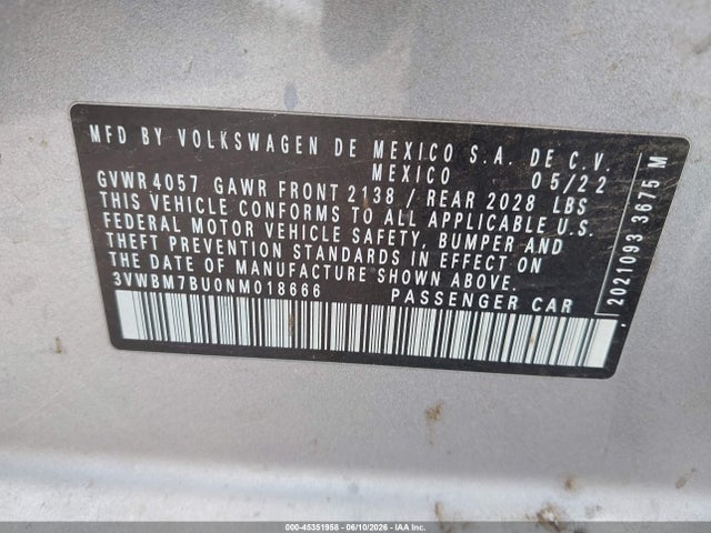 2022 Volkswagen Jetta 1.5t Sport მანქანა იყიდება აუქციონზე, vin: 3VWBM7BU0NM018666, აუქციონის ნომერი: 45351958