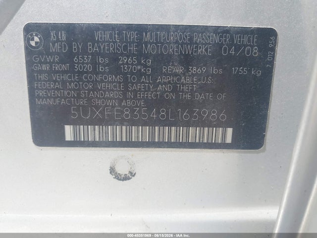 Продаж на аукціоні авто 2008 Bmw X5 4.8i, vin: 5UXFE83548L163986, номер лоту: 45351969