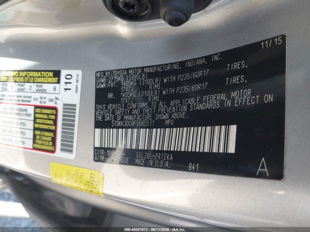 5TDKK3DC8FS685511 Toyota Sienna Le 8 Passenger
