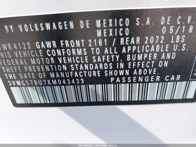 Aukcja sprzedaży 2019 Volkswagen Jetta 1.4t R-line/1.4t S/1.4t Se, vin: 3VWC57BU7KM043433, numer aukcji: 45351977