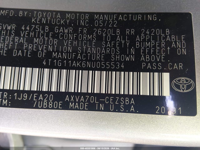 Aukcja sprzedaży 2022 Toyota Camry Se, vin: 4T1G11AK6NU055534, numer aukcji: 45351986
