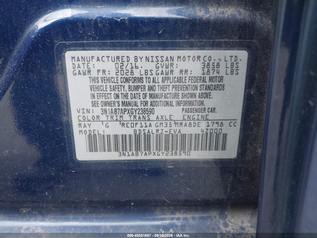 Продажа на аукционе авто 2016 Nissan Sentra Sr, vin: 3N1AB7APXGY238590, номер лота: 45351987