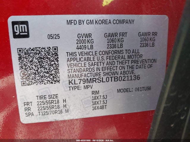 Продаж на аукціоні авто 2026 Chevrolet Trailblazer Awd Lt, vin: KL79MRSL0TB021136, номер лоту: 45351988