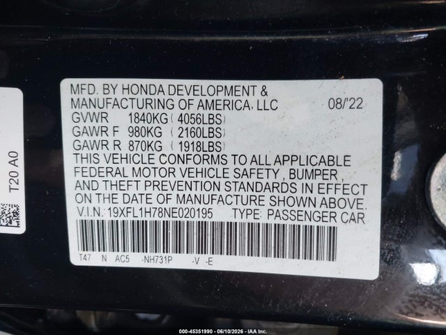 Honda Civic Ex-l 2022 19XFL1H78NE020195 Image 9