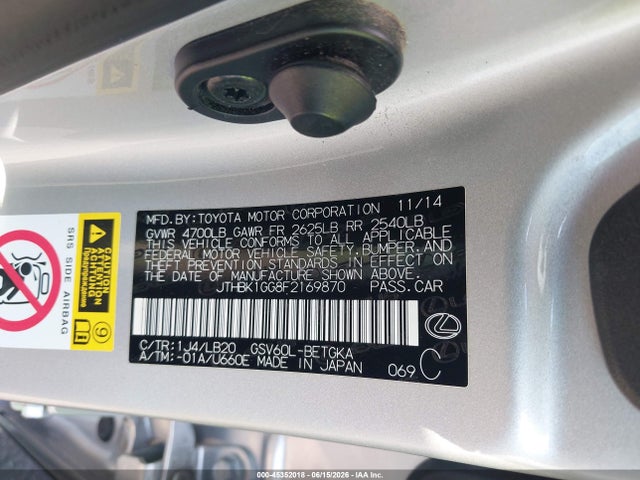 Aukcja sprzedaży 2015 Lexus Es 350, vin: JTHBK1GG8F2169870, numer aukcji: 45352018