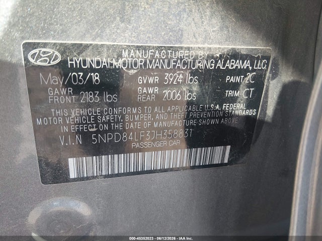 45352023 :رقم المزاد ، 5NPD84LF3JH358831 vin ، 2018 Hyundai Elantra Limited مزاد بيع