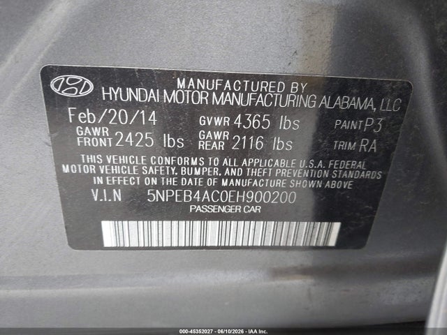 45352027 :رقم المزاد ، 5NPEB4AC0EH900200 vin ، 2014 Hyundai Sonata Gls مزاد بيع