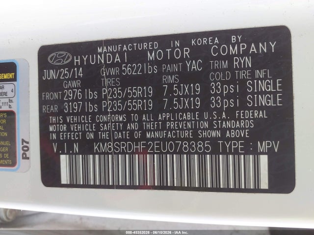 Продаж на аукціоні авто 2014 Hyundai Santa Fe Limited, vin: KM8SRDHF2EU078385, номер лоту: 45352028