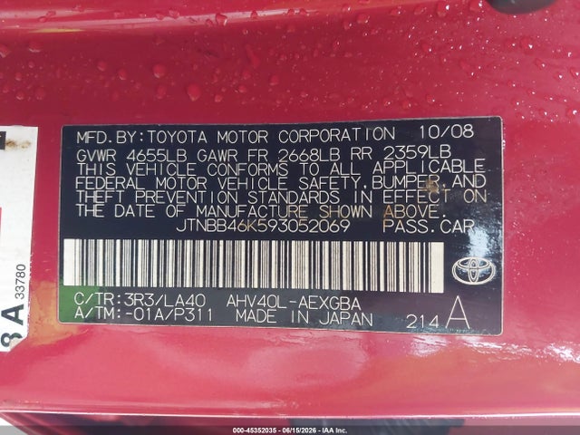 Auction sale of the 2009 Toyota Camry Hybrid, vin: JTNBB46K593052069, lot number: 45352035