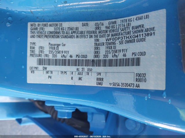 2016 Ford Focus Rs მანქანა იყიდება აუქციონზე, vin: WF0DP3THXG4113891, აუქციონის ნომერი: 45352037