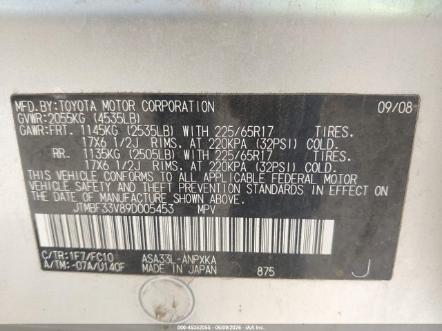 Aukcja sprzedaży 2009 Toyota Rav4, vin: JTMBF33V89D005453, numer aukcji: 45352055