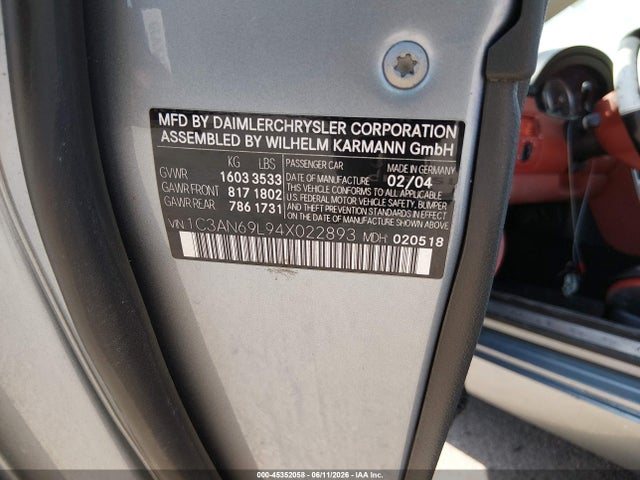 45352058 :رقم المزاد ، 1C3AN69L94X022893 vin ، 2004 Chrysler Crossfire مزاد بيع